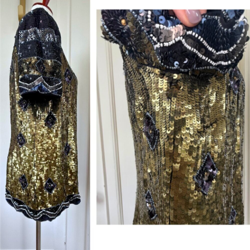 FRENCH CONNECTION Carnival Sequin Black Gold Short Sleeve Top Size 10 - Picture 4 of 16